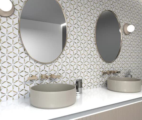 Kaleidoscope Gold Anthology Backsplash in Bathroom