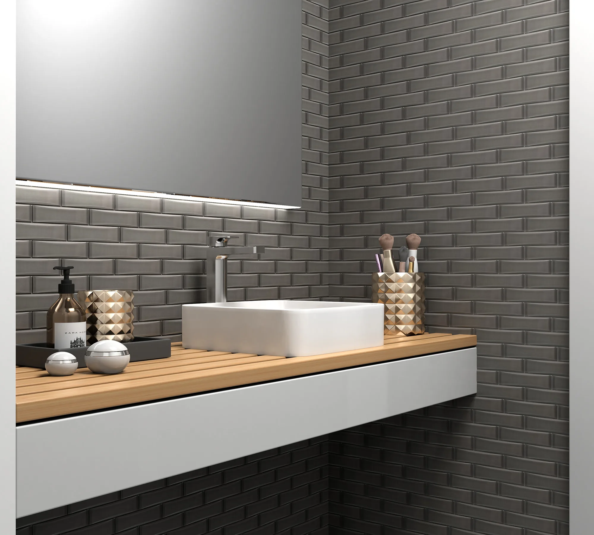 Grey Dimensions Tile Backsplash in Bathroom