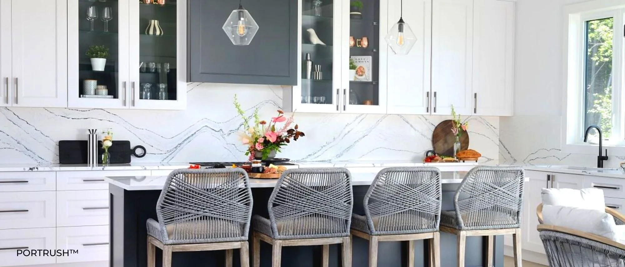 Portrush Cambria Quartz Countertops with Full Height Backsplash Blue Countertops