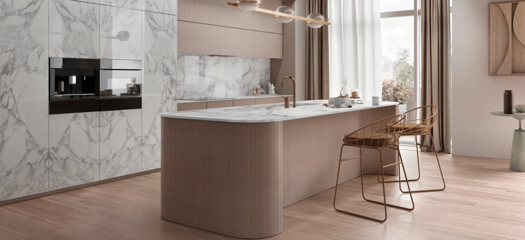 White Marbled Porcelain Countertops and Accent Wall Natural Stone Countertops