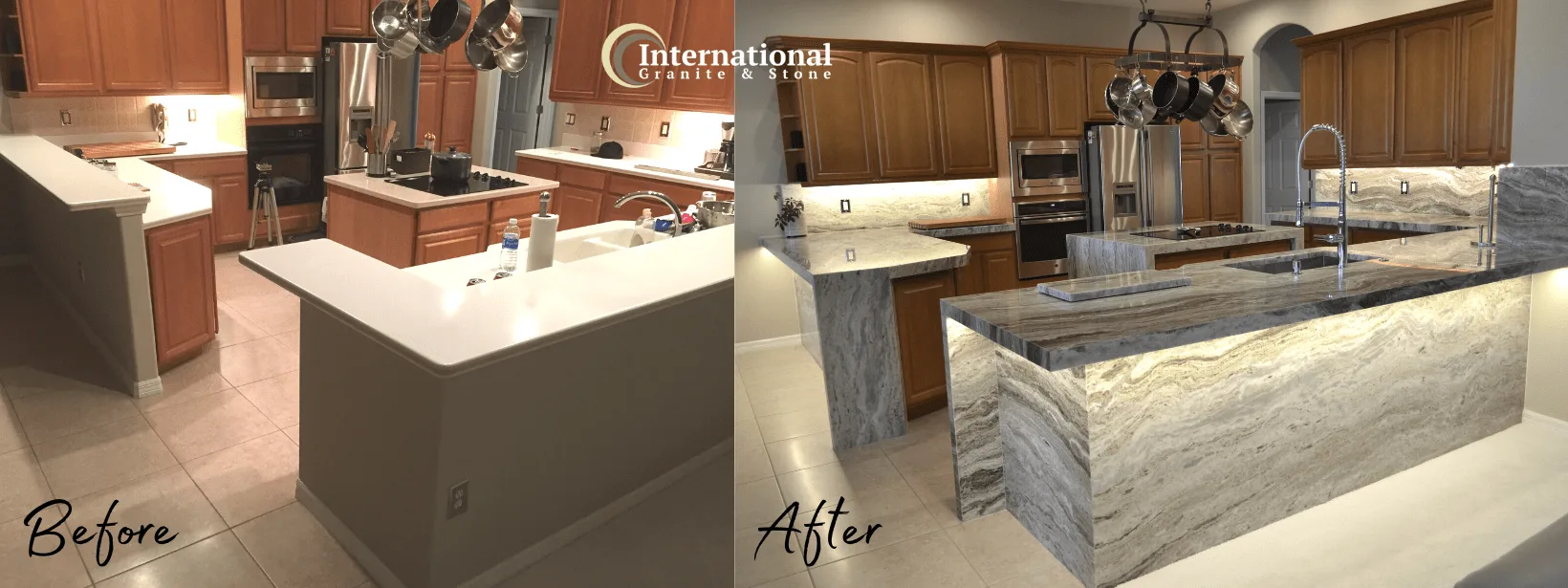 Before and After Brown Fantasy Granite Quartzite Kitchen Countertops Full Height Backsplash 