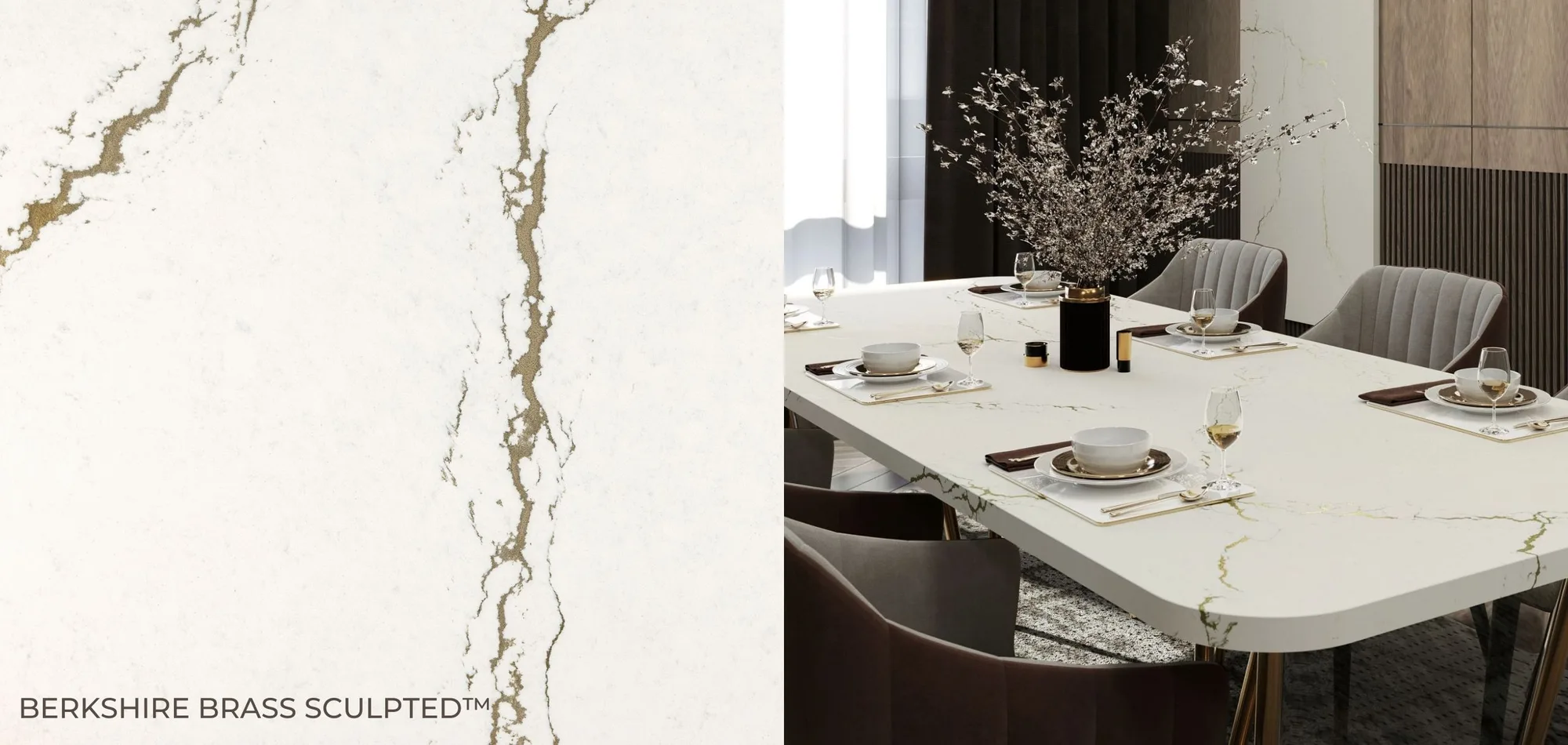 Berkshire Brass Sculpted Cambria Quartz Close Up and Table