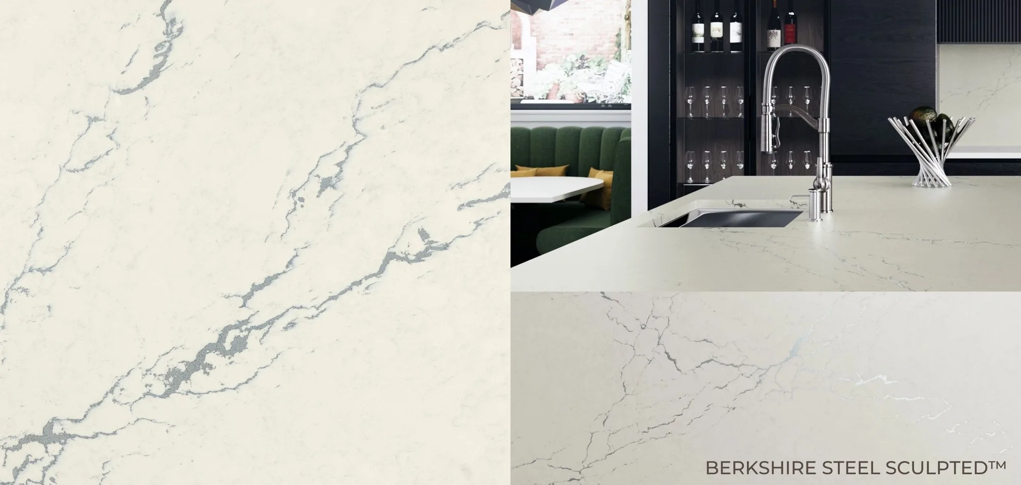 Berkshire Steel Sculpted Cambria Quartz Close up and Kitchen Countertops