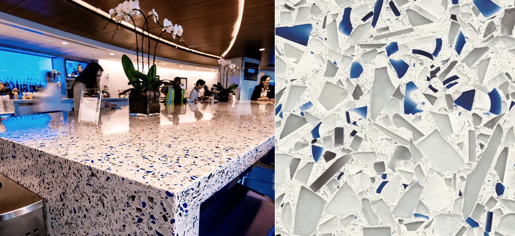 Chivalry Blue Recycled Glass Kitchen Countertops and Close Up Blue Countertops Vetrazzo Recycled Glass Countertops