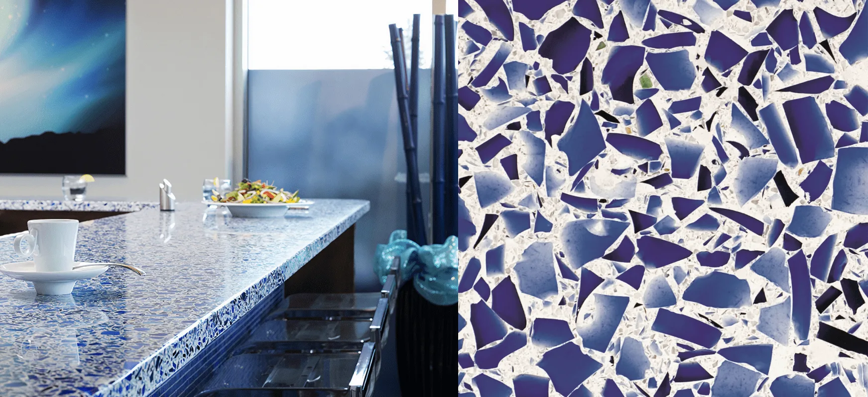Cobalt Skyy Recycled Glass Kitchen Countertops and Close Up Blue Countertops Vetrazzo Recycled Glass Countertops Skyy Vodka Bottle