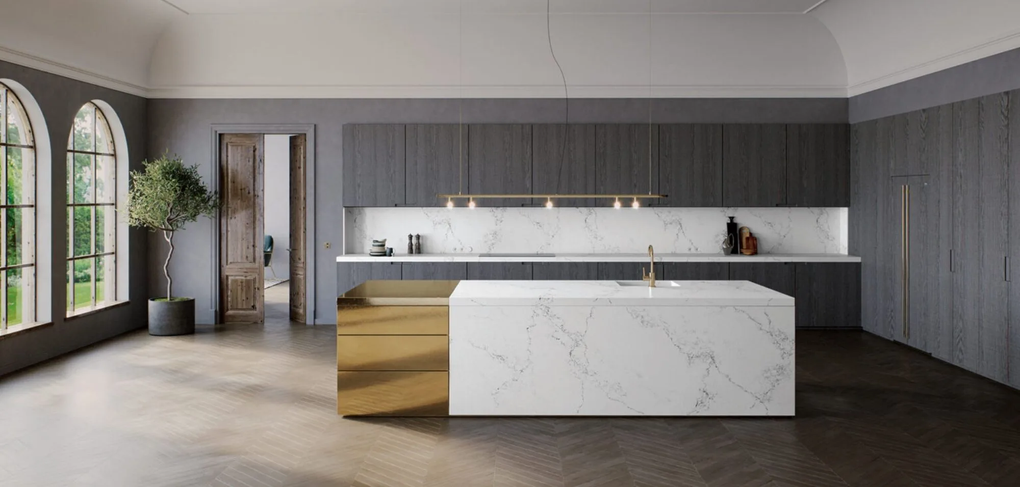 Empira white caesarstone quartz kitchen countertops with kitchen island and full height backsplash