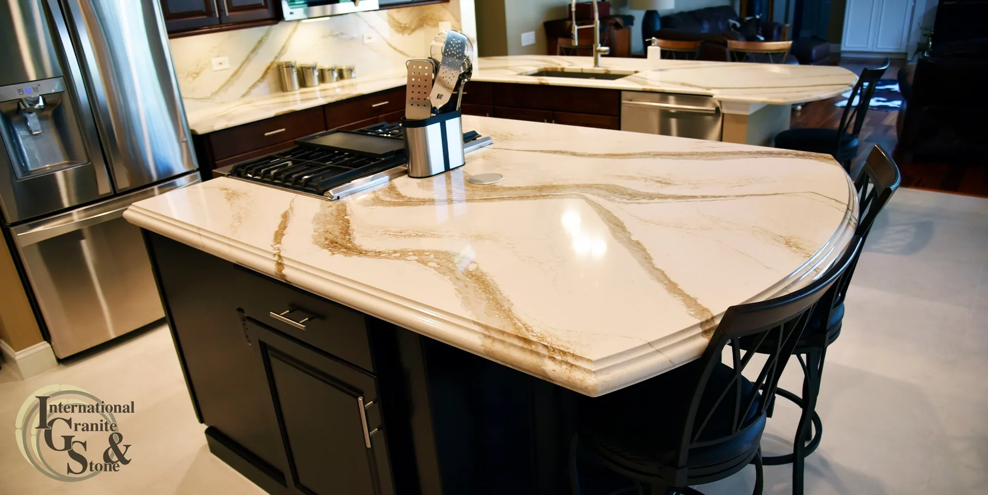 Brittanicca Gold Kitchen Island with Cornice Edge Kitchen Countertops Palm Harbor