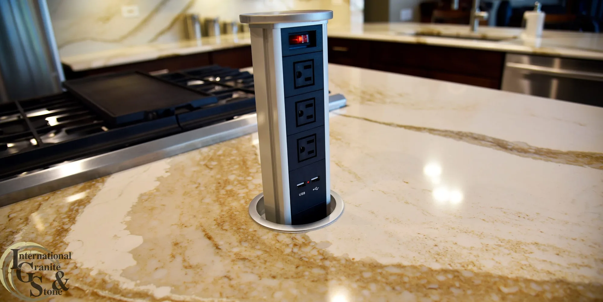 Cambria Brittanicca Gold Quartz Countertop with Pop-Up Outlet Kitchen Countertops Palm Harbor
