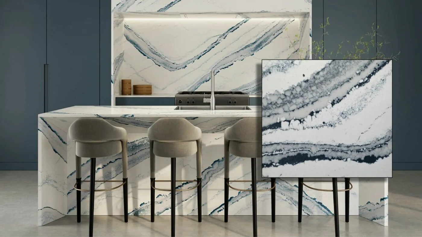 Inverness Bristol Bay Quartz Countertops displaying subtle blue undertones amidst a versatile neutral palette.