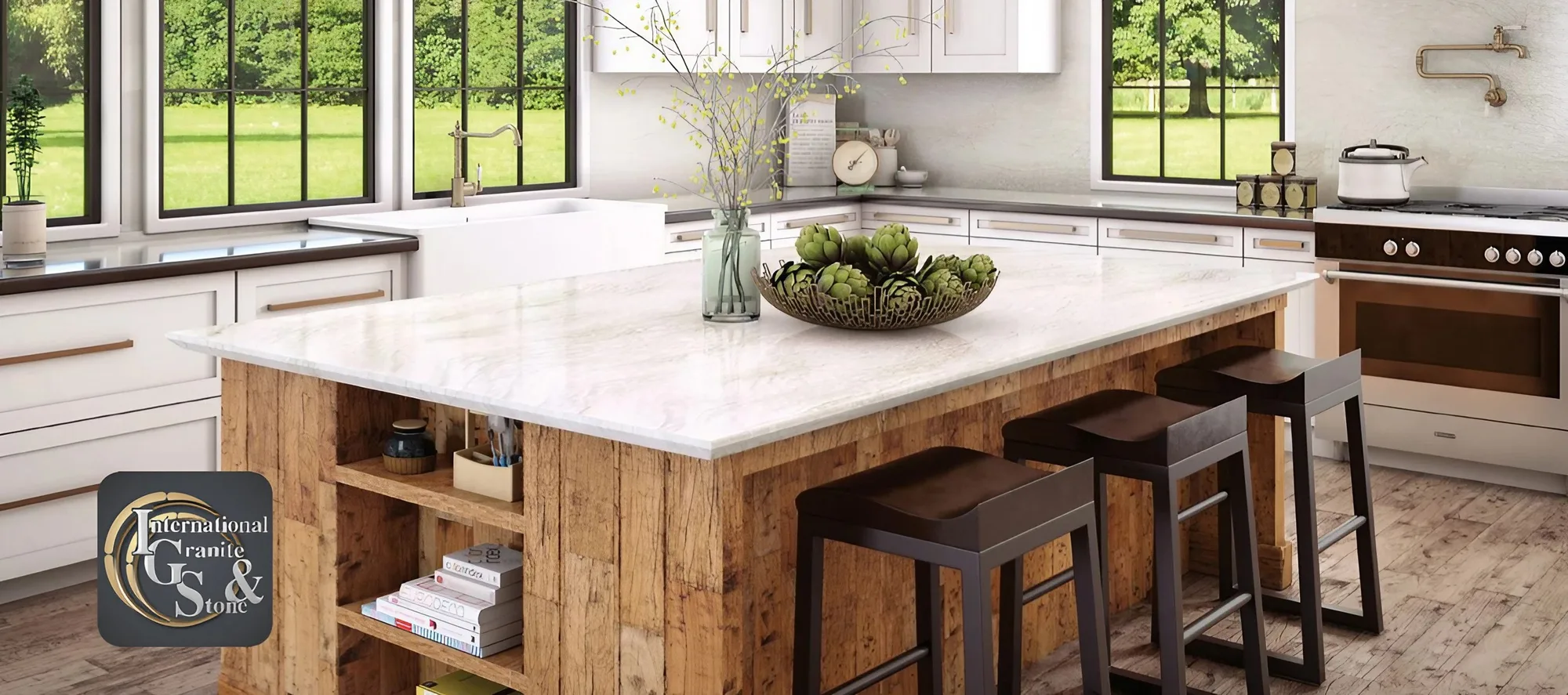 Image showcasing IGS Countertops' range of quartz countertop brands, including Cambria, Silestone, Caesarstone, LG Viatera, MSI Q Quartz, HanStone Quartz, Quantum Quartz, and Pompeii Quartz