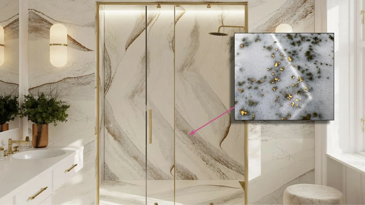 Detail view of Cambria Windsor Brass Quartz, highlighting its rich tapestry of chocolate brown and honey hues punctuated by radiant brass elements installed for countertops and walls.