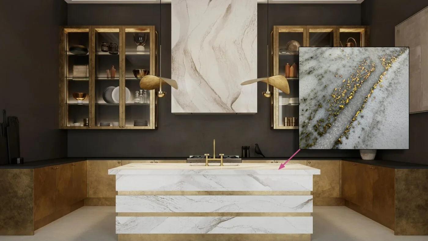 Windsor Brass Satin Ridge Quartz Countertops showcasing a rich tapestry of chocolate brown and warm honey hues with brass metallic accents.