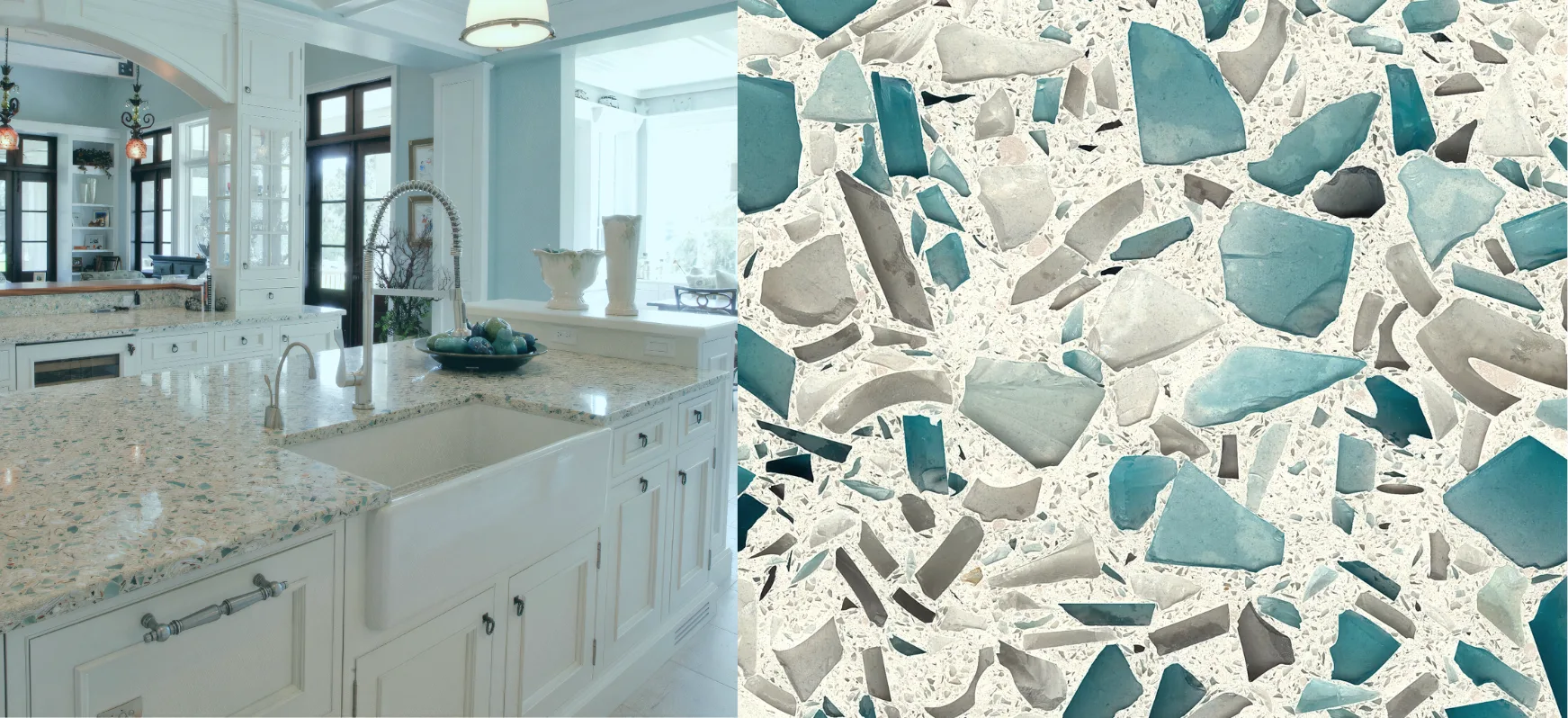 Floating Blue Vetrazzo Recycled Glass Kitchen Countertops
