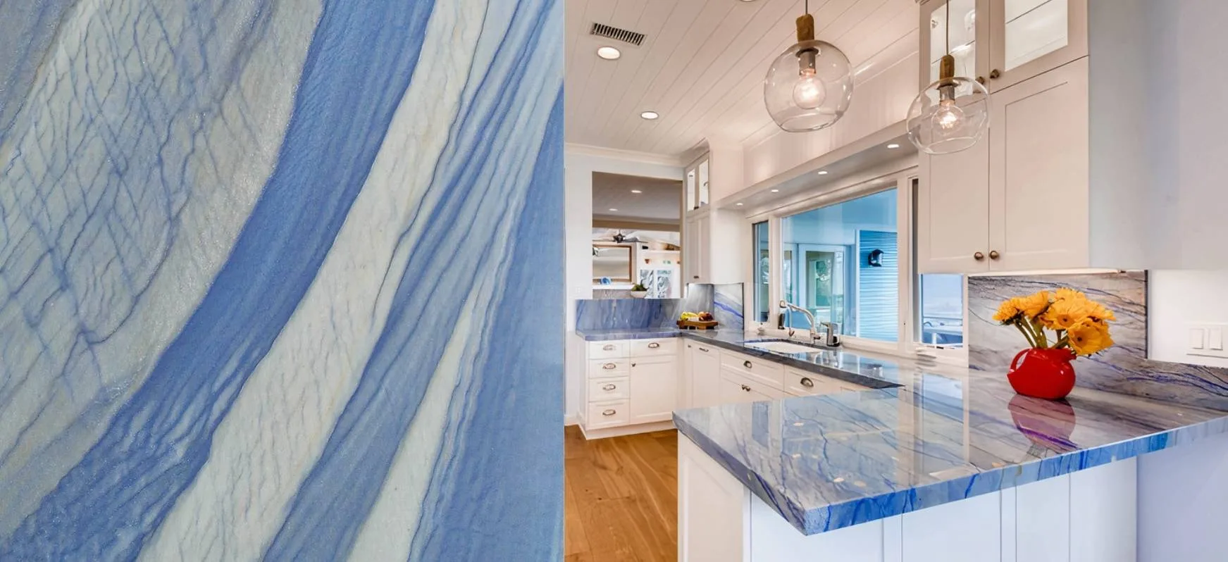 Azul Macaubus Quartzite Countertops and Close up Blue Countertops