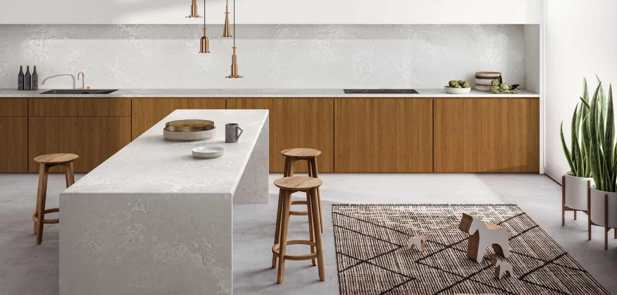 cloudburst caesarstone quartz kitchen countertops with waterfall island