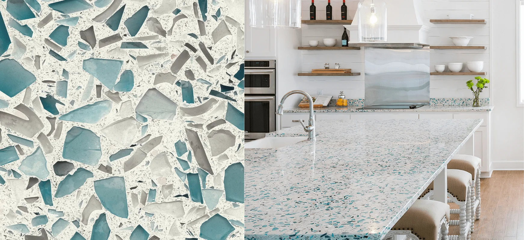 Floating Blue Recycled Glass Kitchen Countertops and Close Up Blue Countertops Vetrazzo Recycled Glass Countertops