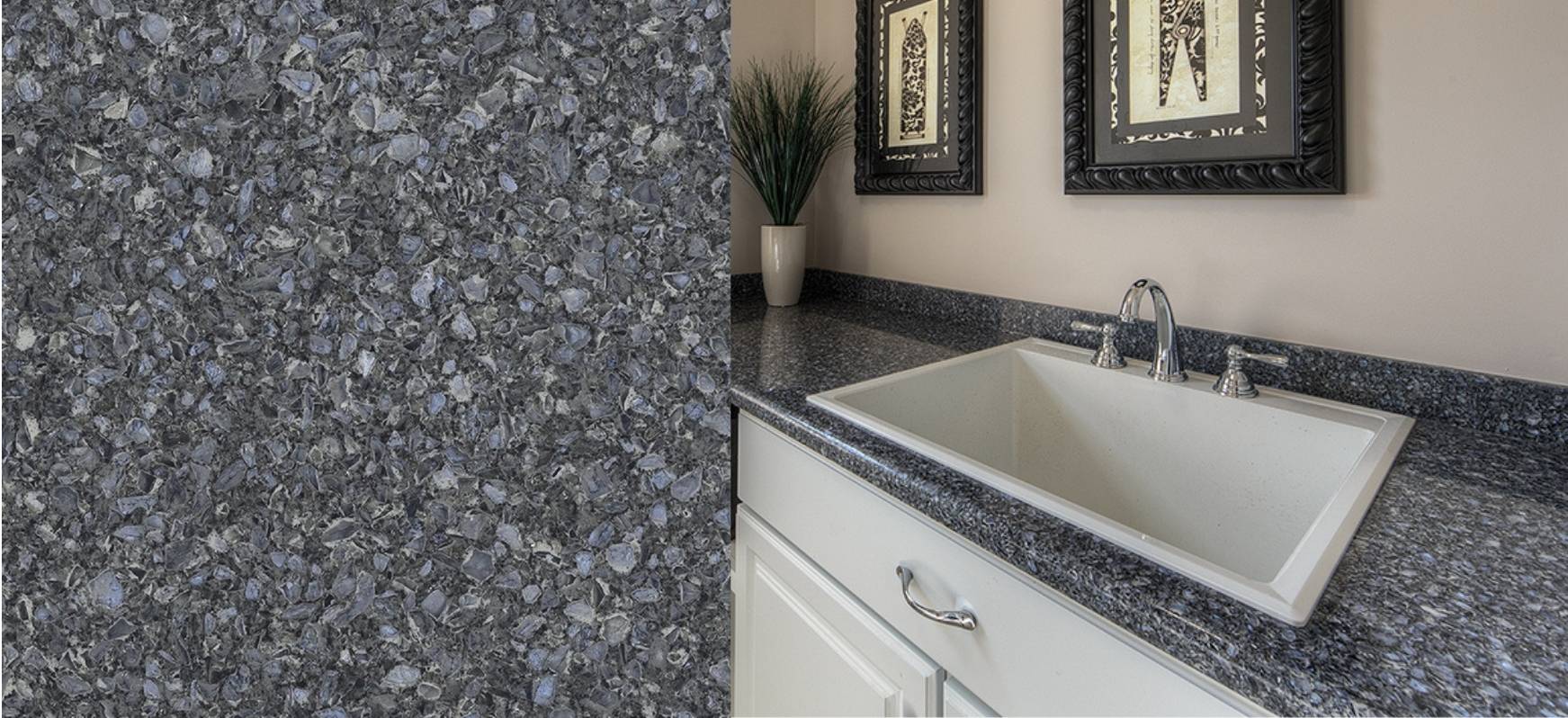Parys Cambria Quartz Countertops and Close up Blue Countertops White Cabinets