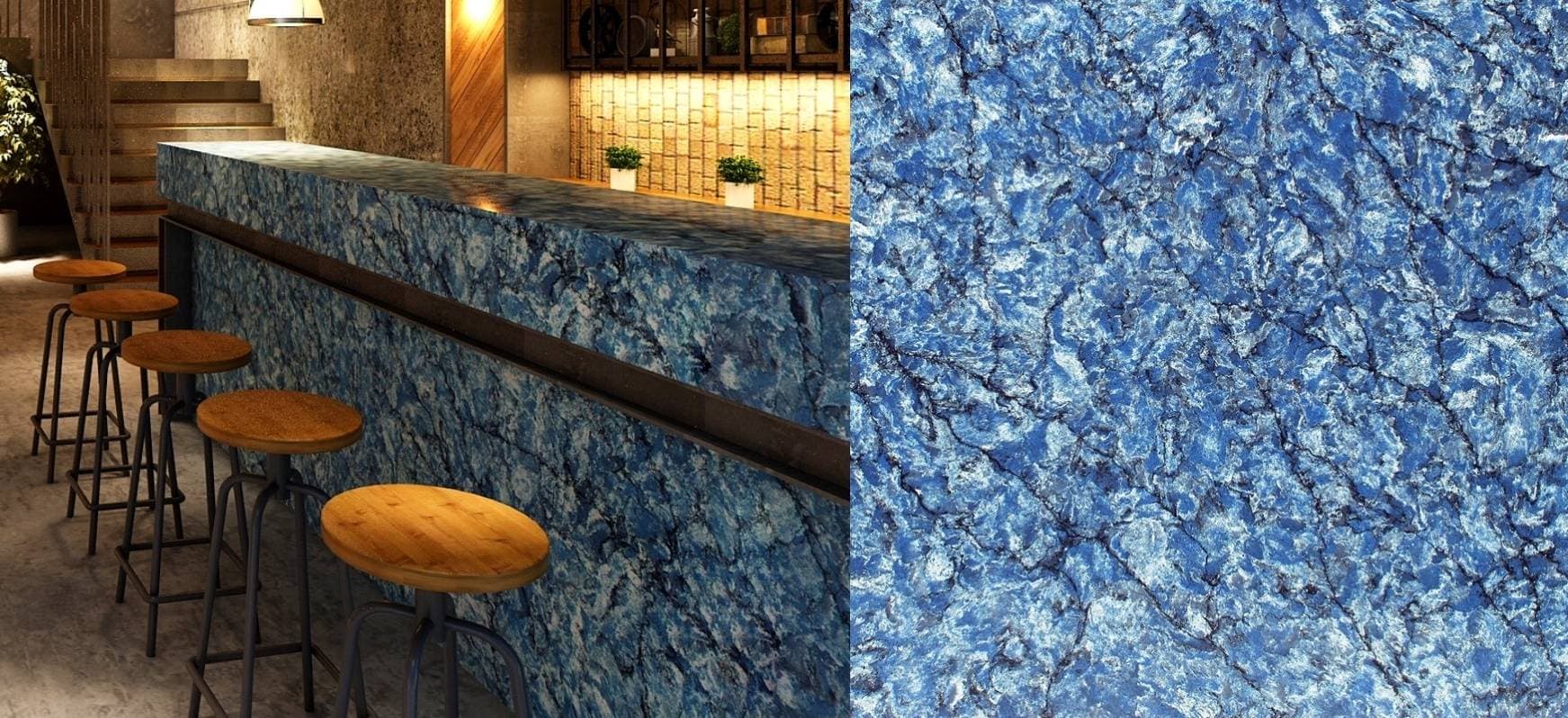 Tidewater Pompeii Quartz Countertops and Close up Blue Countertops