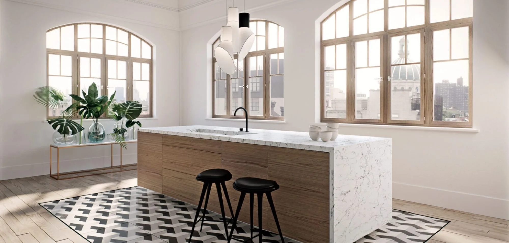 white attica caesarstone quartz kitchen countertops with waterfall island