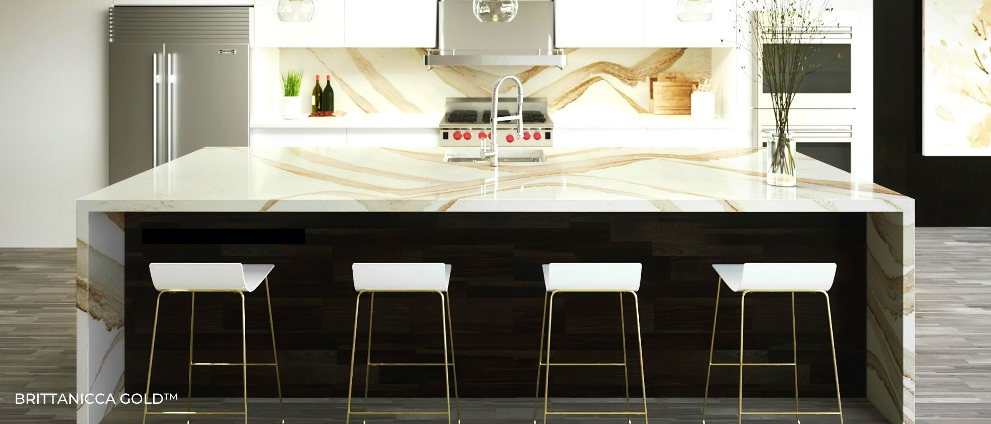 BRITTANICCA GOLD™ Design Spotlight Installed Kitchen Countertops Bathroom Countertops Shower Walls Header Cambria Brittanicca Gold Countertops Brittanicca Gold Quartz Cambria Brittanicca Gold