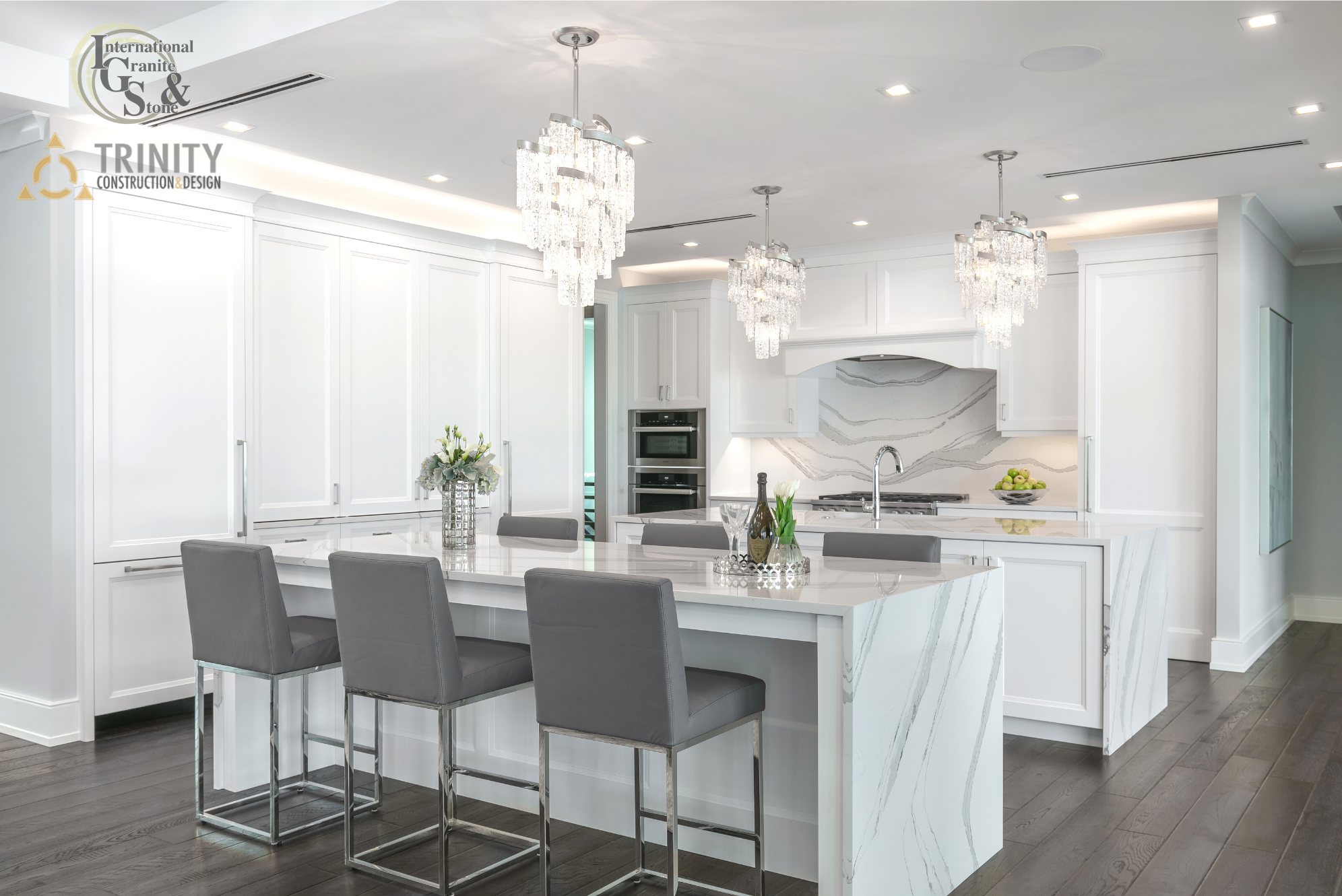Cambria Brittanica Quartz Kitchen Countertops with Kitchen Island Waterfall with White Cabinets and Full Height Backsplash