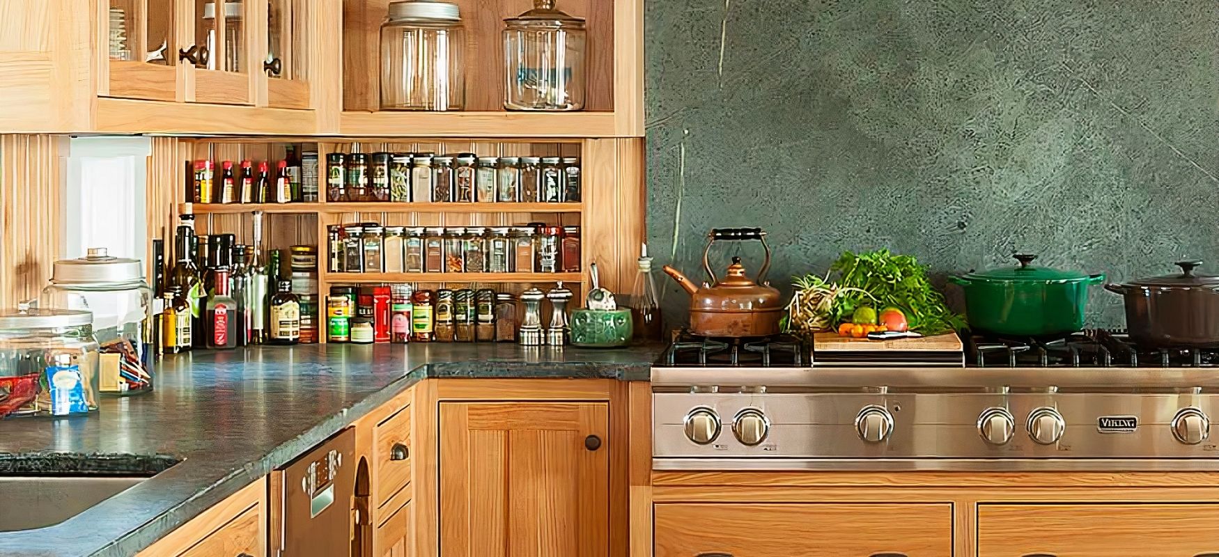 Green Soapstone Kitchen Countertops and Full Height Backsplash
