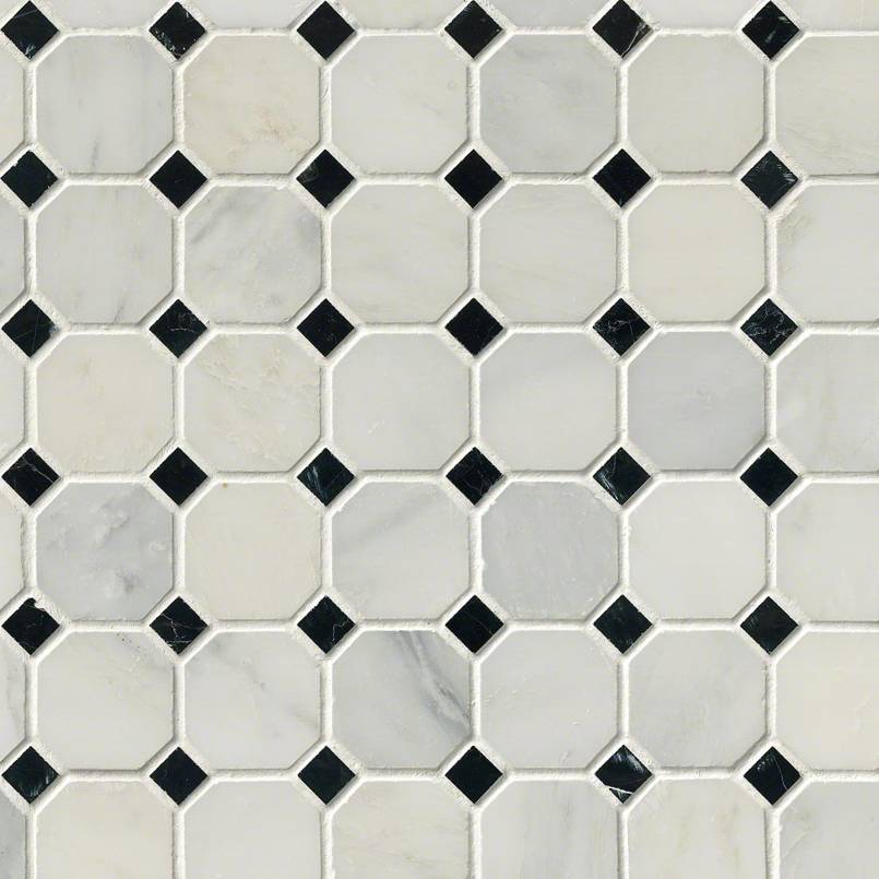 Arabescato Cararra 2inch Octagon With Black And White 58×58 Honed In 12×12 Mesh