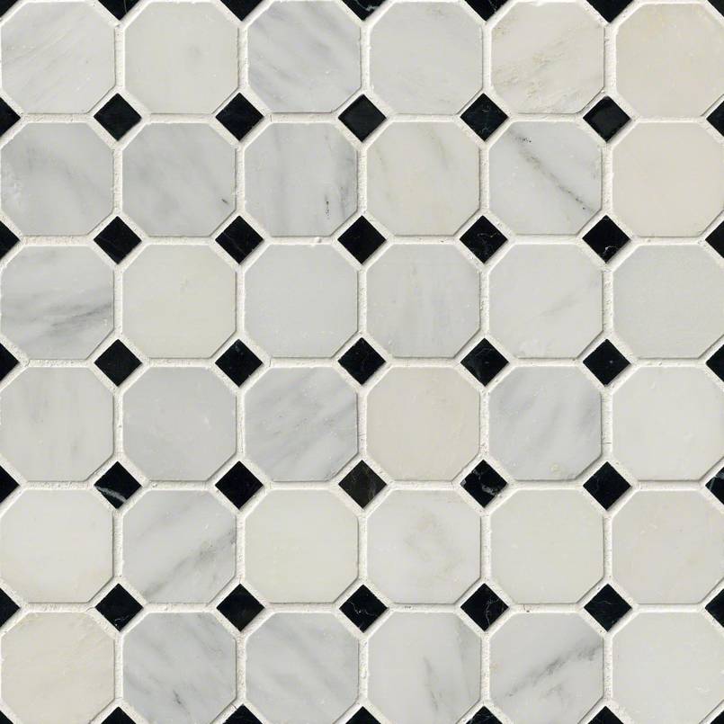 Greecian White 2″ Octagon With Black 5/8×5/8 Polished In 12×12 Mesh