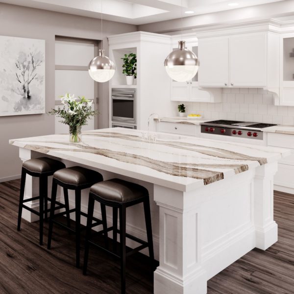 Skara Brae Cambria Quartz Kitchen Countertops with White Wood Cabinets, Bar Stools, and Stainless Steel