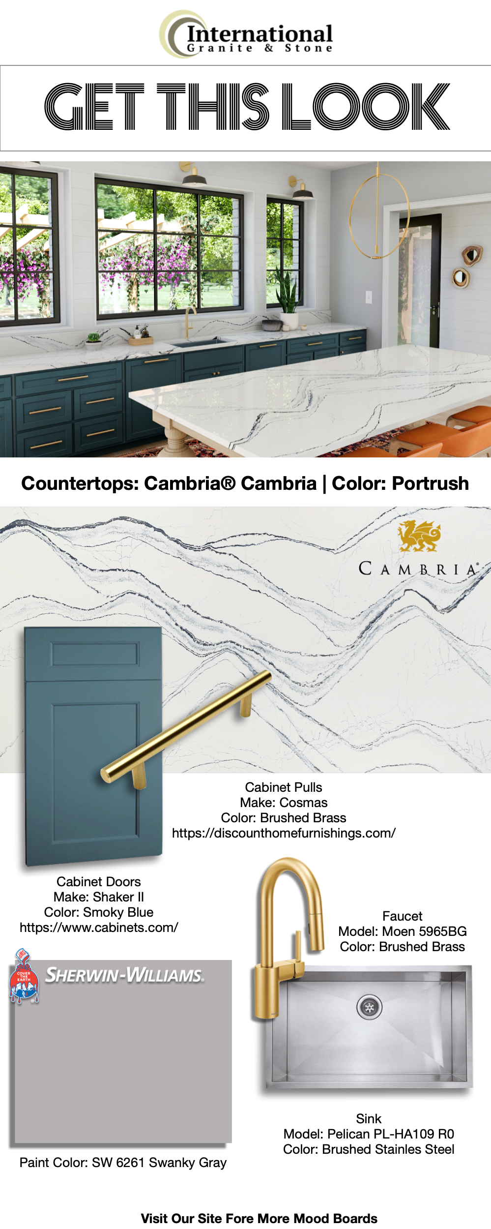 Cambria Portrush Countertops Shaker Cabinets Brass Fixtures and Swanky Grey Paint Design Board