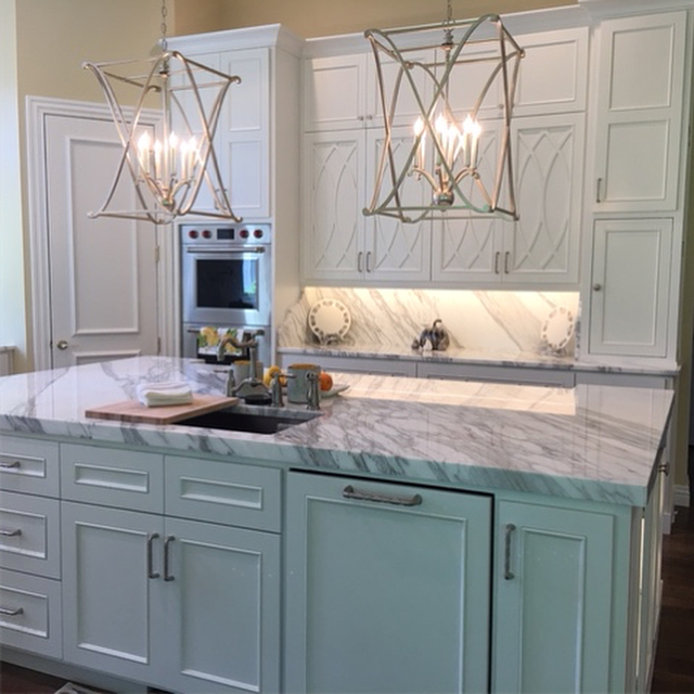 Statuarietto Selected Marble Countertops with Painted Blue Teal Cabinets Installed Tampa Florida