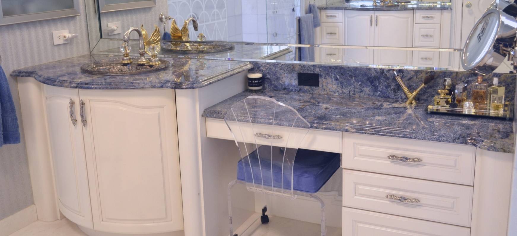 Blue Bahia Bathroom Countertops with White Cabinets and Gold Accents Blue Countertops