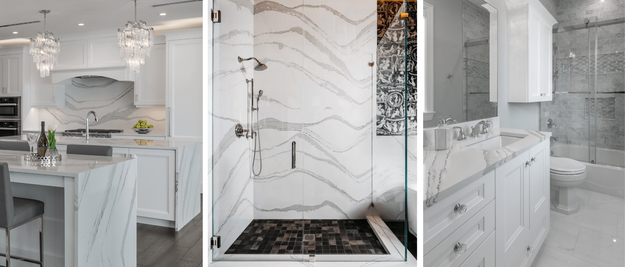 BRITTANICCA™ Quartz Design Spotlight Installed Kitchen Countertops Bathroom Countertops Shower Walls Header Cambria Brittanicca Quartz 