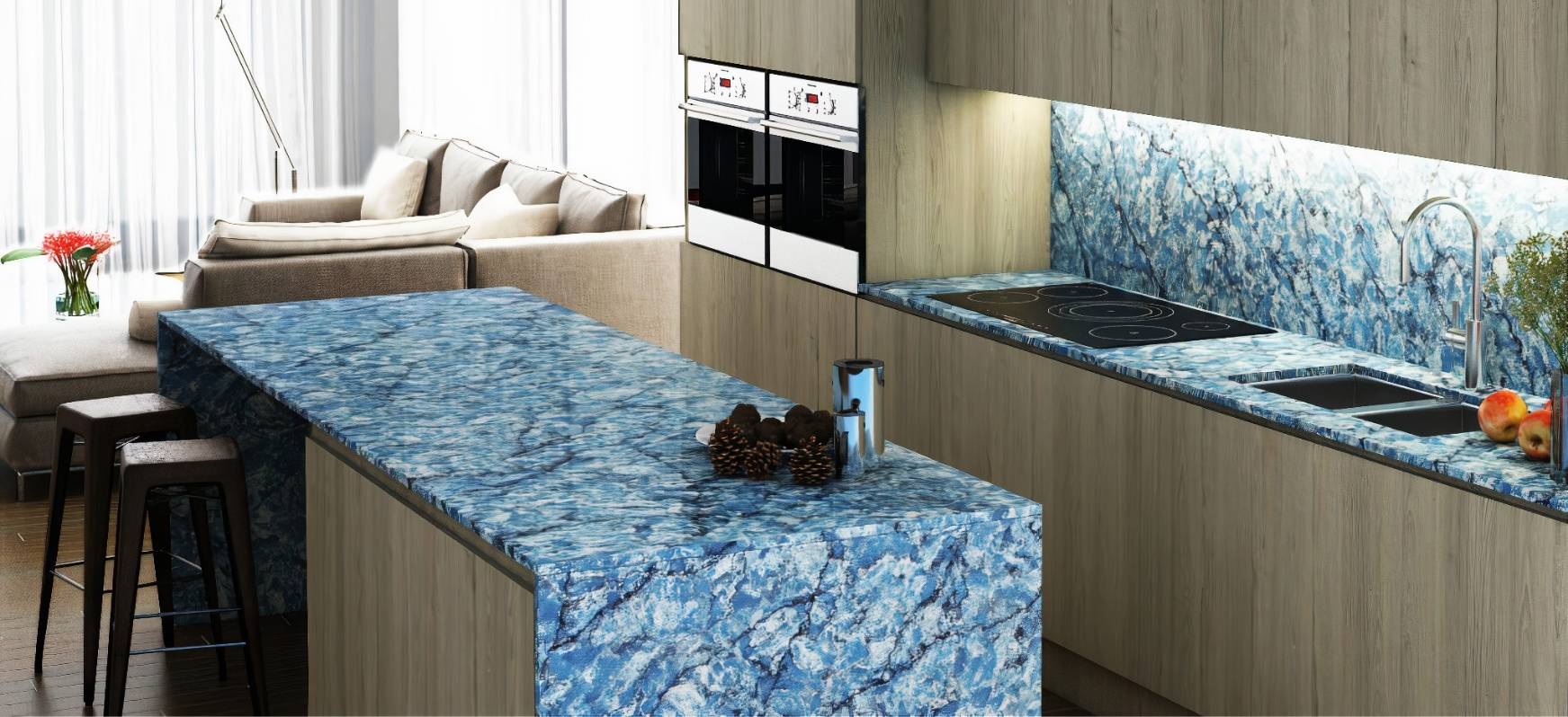 Tidewater Blue Countertops With Waterfall Panel and Full Height Backsplash