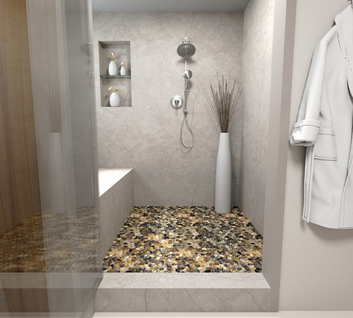 Riverstone Tile Backplash in Shower