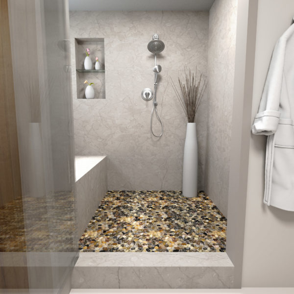 Riverstone Tile Backplash in Shower
