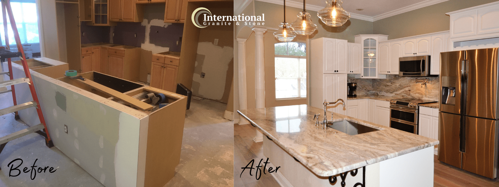 Before and After Brown Fantasy Granite Quartzite Kitchen Countertops Remodel white cabinets