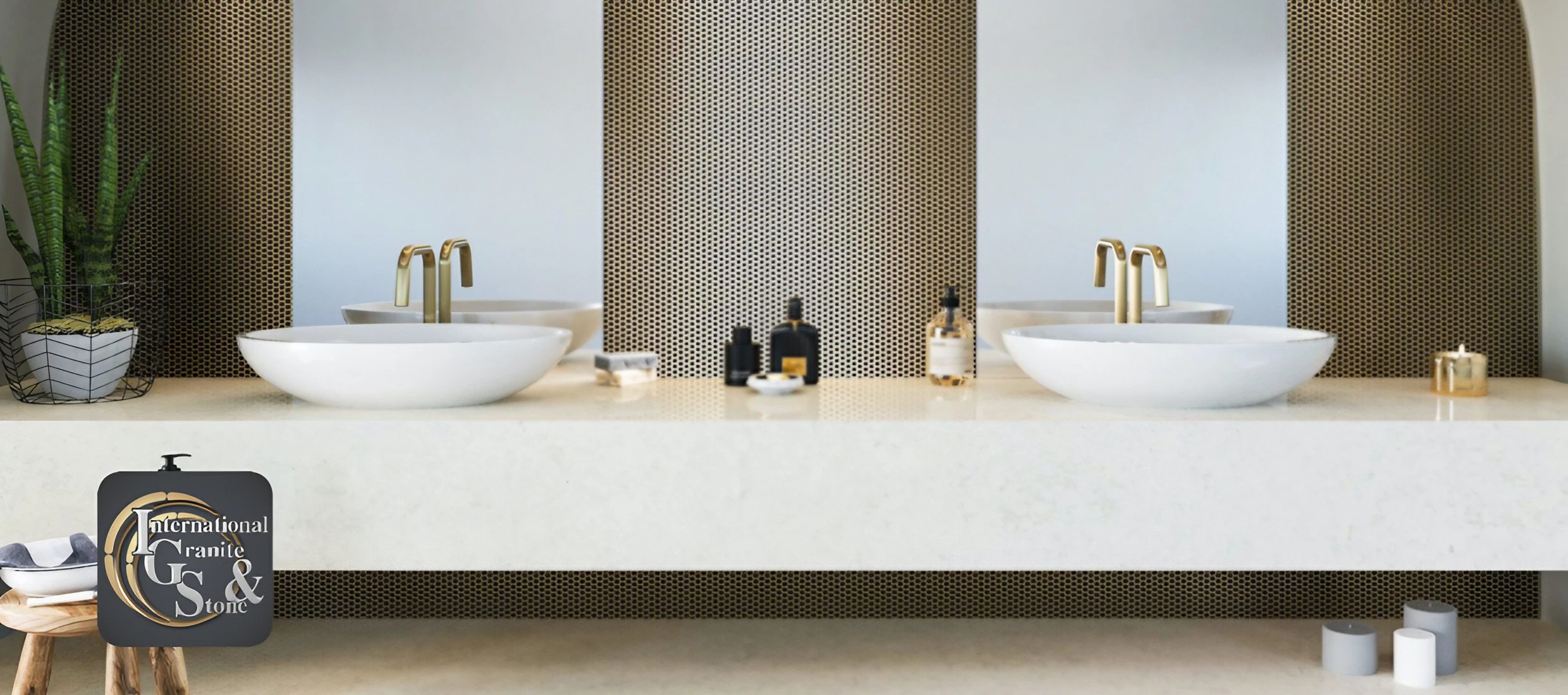Image showcasing an array of bathroom countertops by IGS Countertops, complemented by an assortment of remnants and leftover pieces, illustrating the variety and potential applications of the materials.