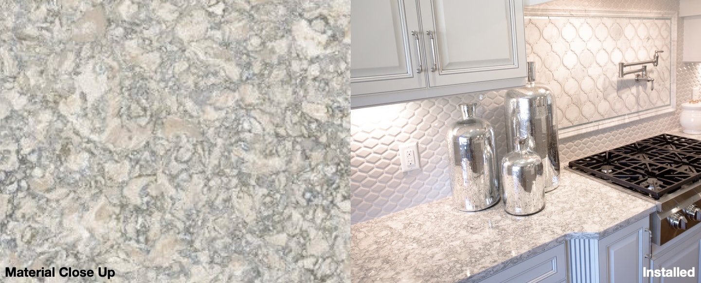 Cambria Berwyn Material Close Up and Installed Kitchen Countertops with Bright Lighting