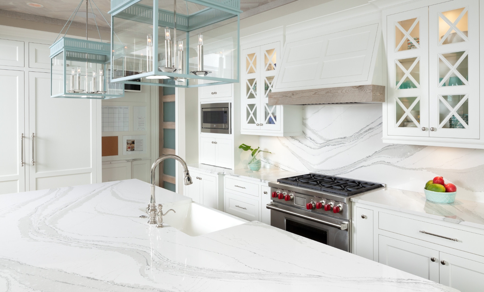 Cambria Brittanicca Kitchen and Backsplash Countertops with White Cabinets