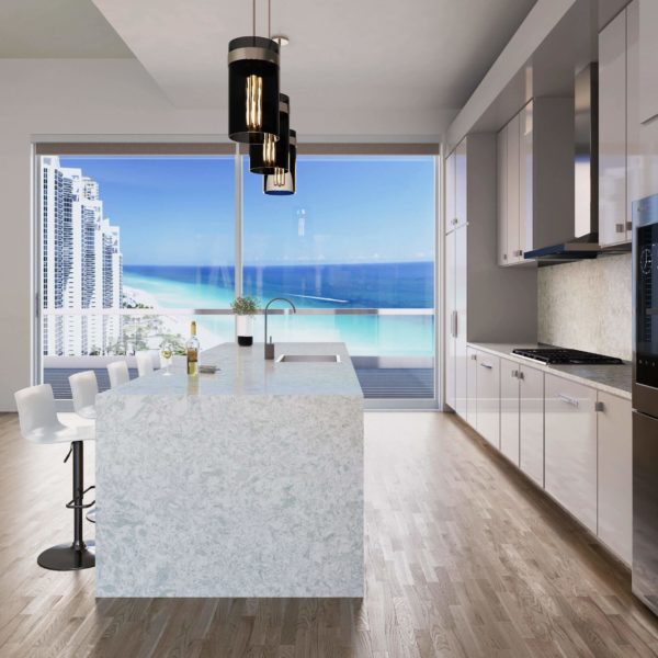 Clifton Cambria Quartz Kitchen Island with Waterfall Panel