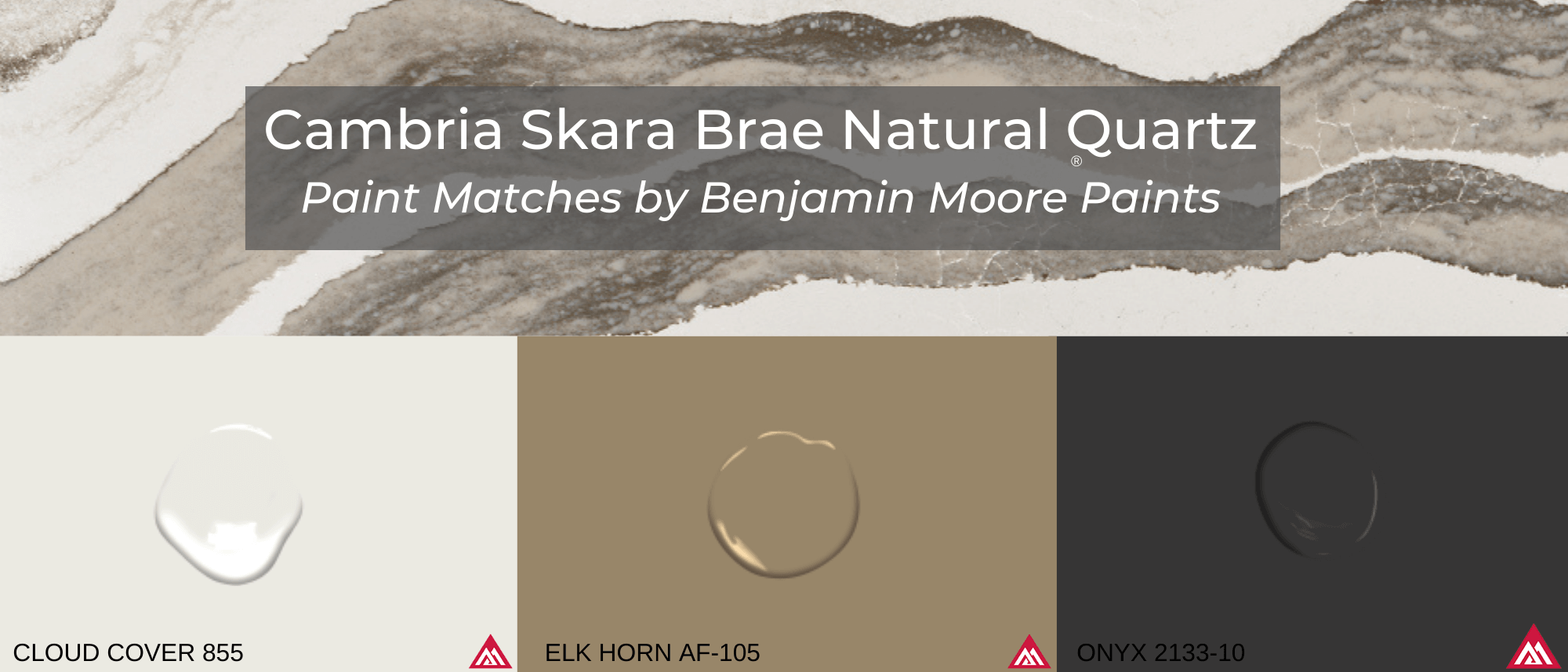 Skara Brae Cambria Quartz Paint Match Header - Skara Brae Quartz - Cambria Skara Brae Natural Quartz - Cambria Skara Brae - Skara Brae - Design Spotlight - Benjamin Moore Paint Match - Cloud Cover - Elk Horn - Onyx