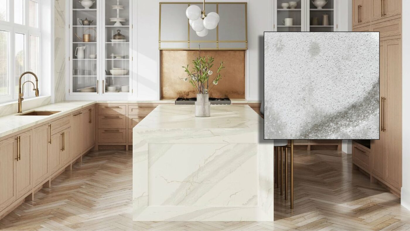 Close-up view of Cambria Inverness Swansea Quartz, showcasing its intricate debossed Inverness veins set against a blend of earthy hues kitchen countertops and walls