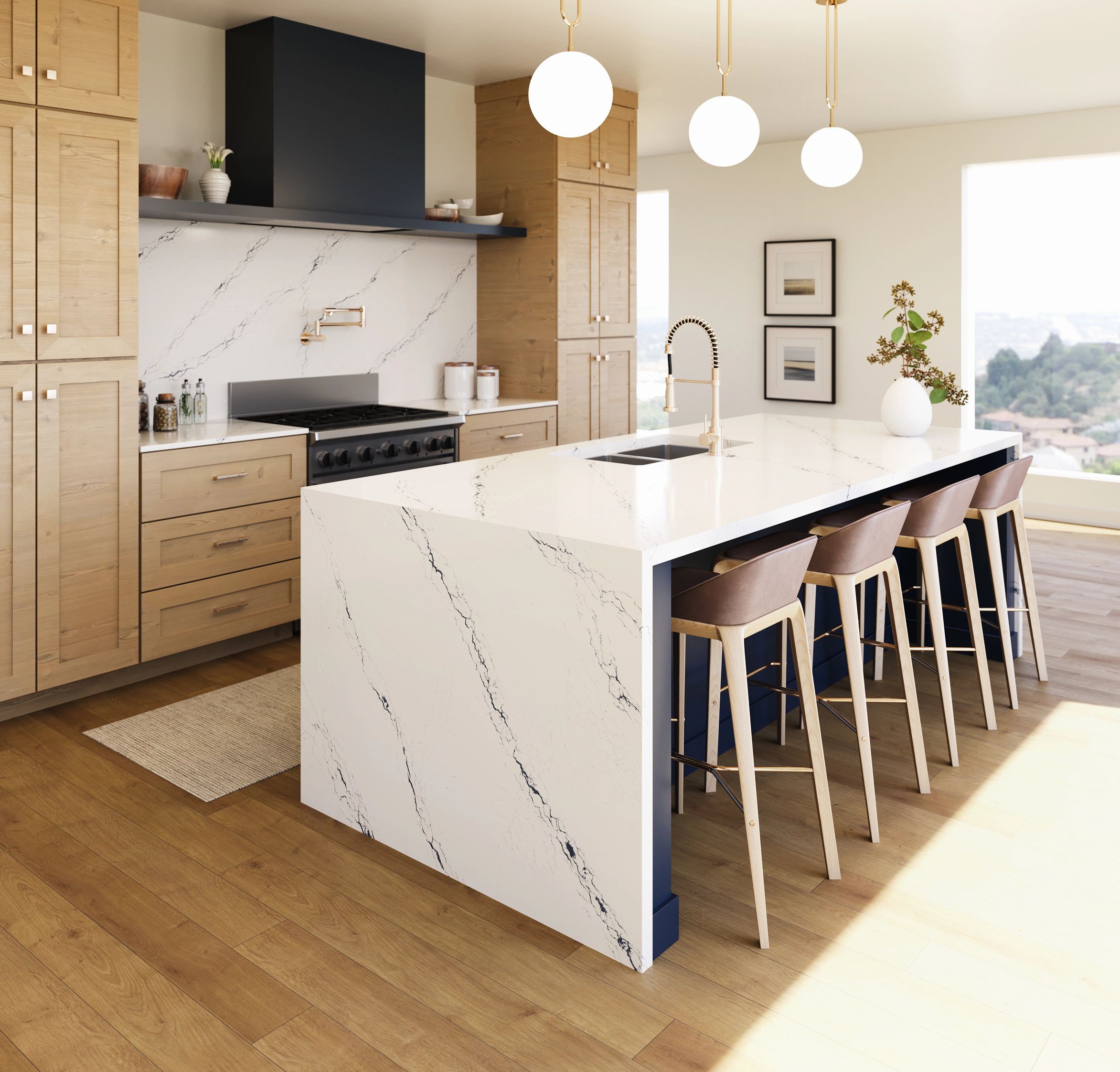 Inverness Cobalt Cambria Quartz Kitchen Countertops with Waterfall Panel
