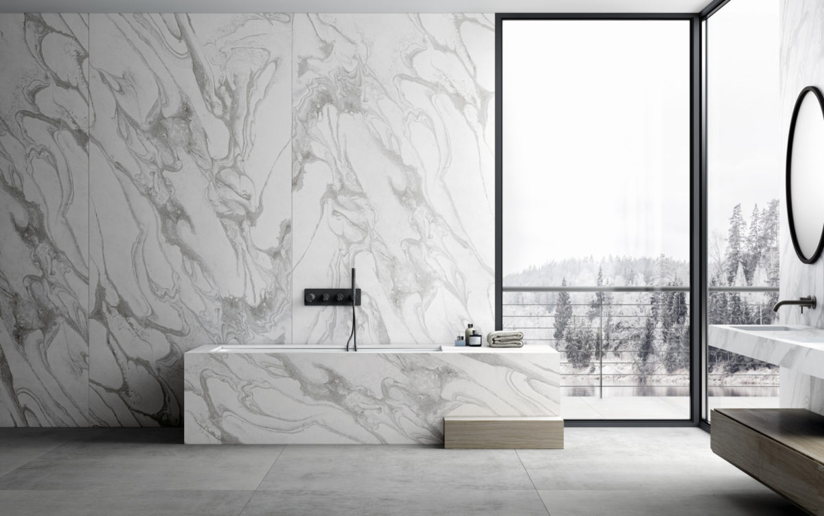 Liquid Sky Dekton Bathroom Countertops with Full Walls