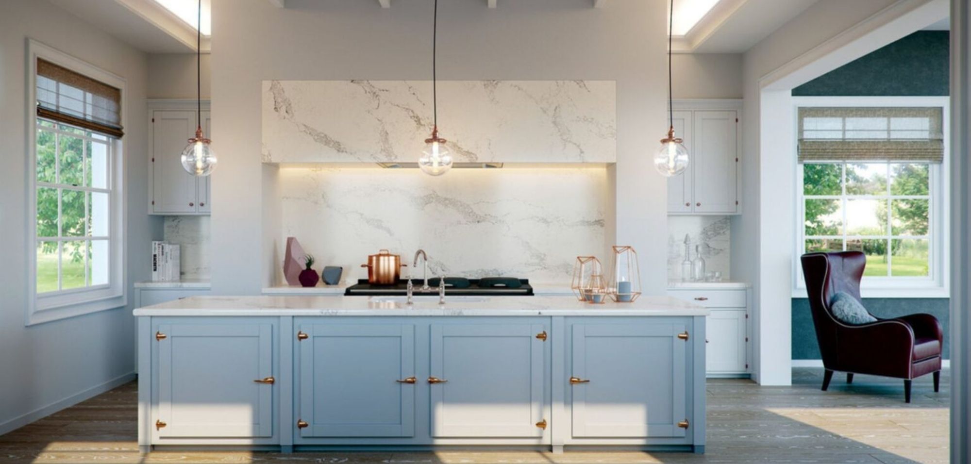 Statuario maximus caesarstone quartz kitchen countertops kitchen island light blue cabinetry