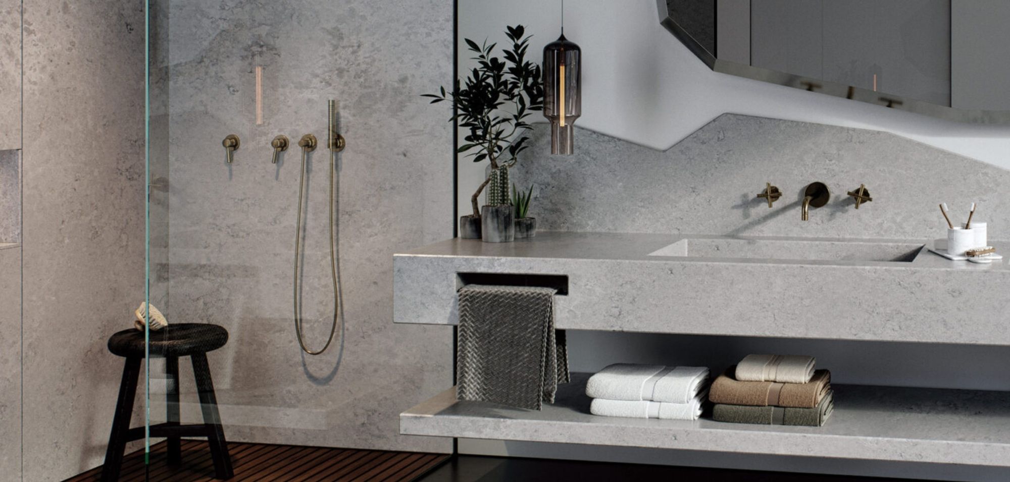 airy concrete caesarstone quartz bathroom countertops