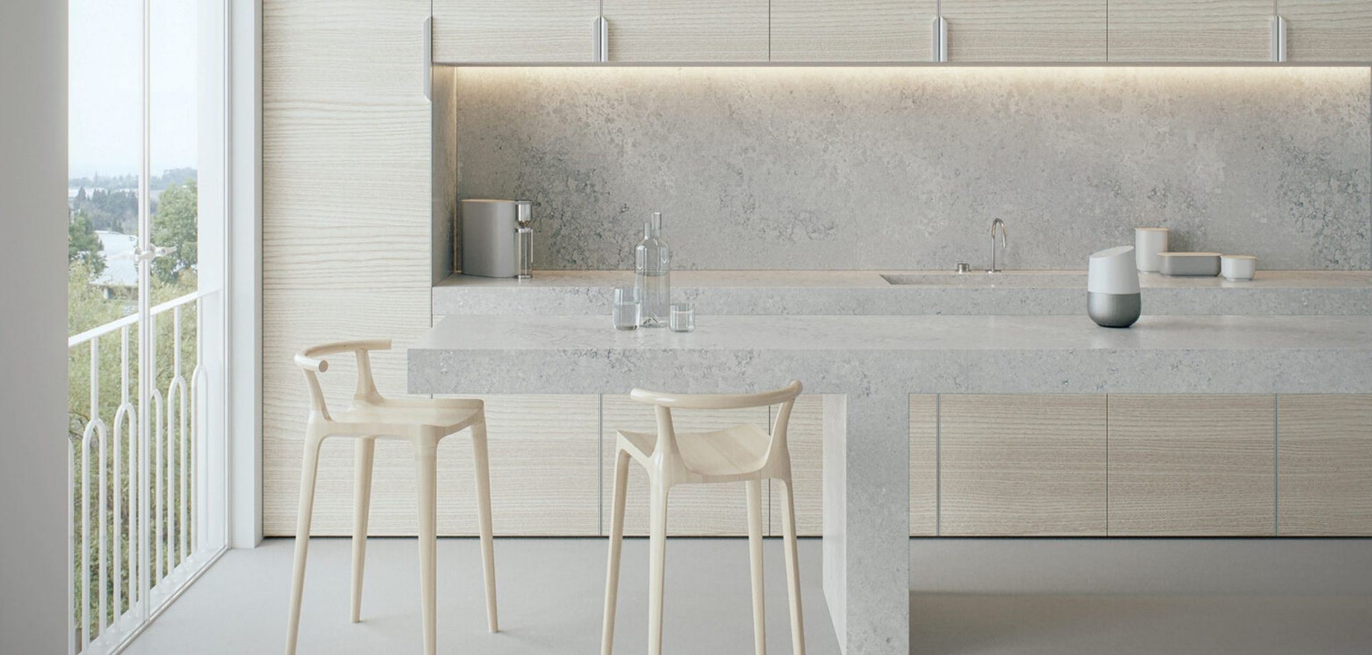 airy concrete caesarstone quartz kitchen countertops and full height backsplash