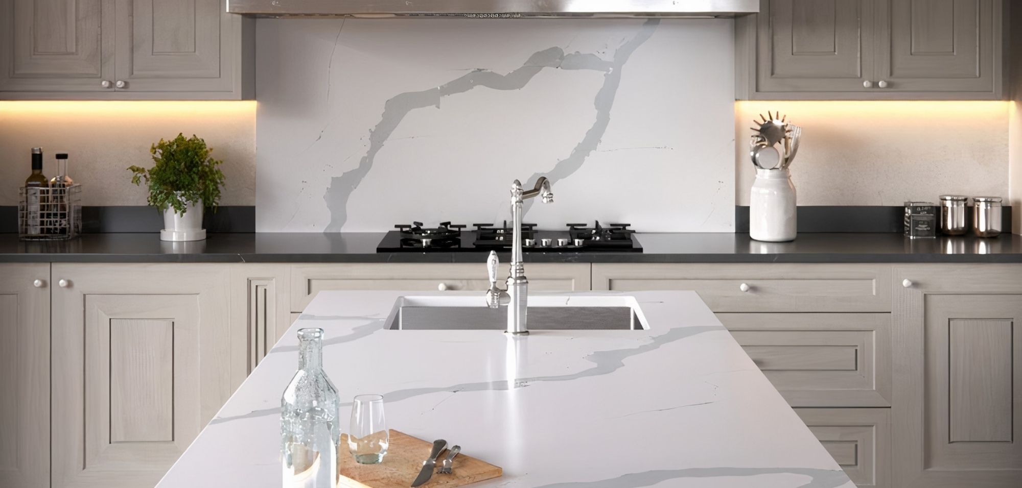 Bianco Calacatta Silestone Quartz Kitchen Countertops and Full Height Backsplash What is SIlestone Quartz
