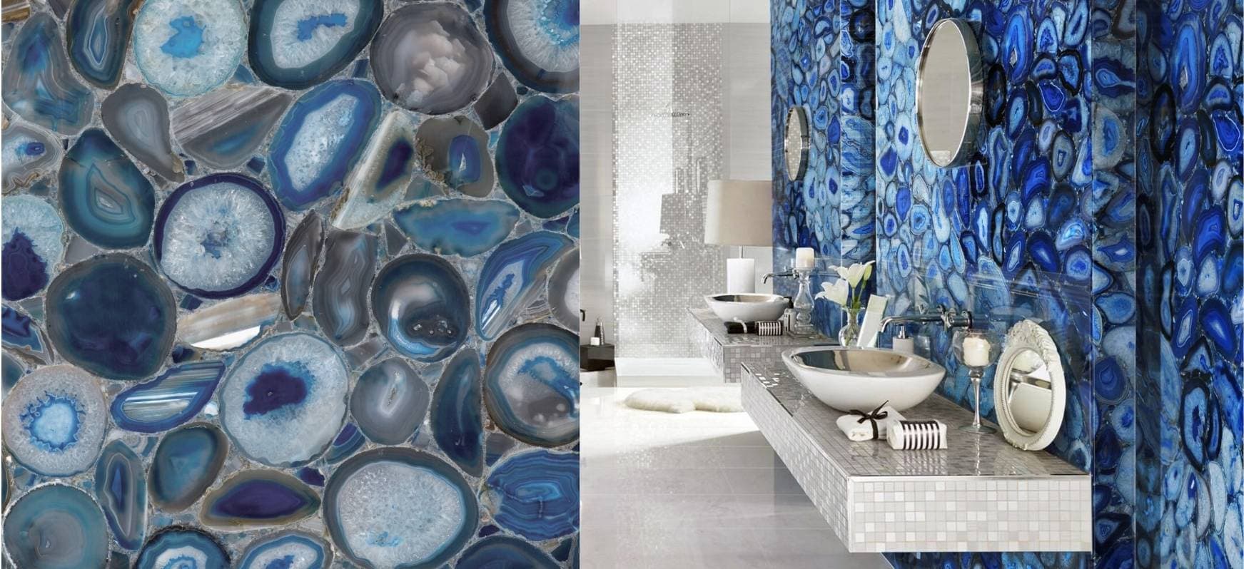 Blue Agate Countertops and Full Height Backsplash and Close Up Blue Countertops Semi-Precious Stone Gemstone Bathroom Countertops
